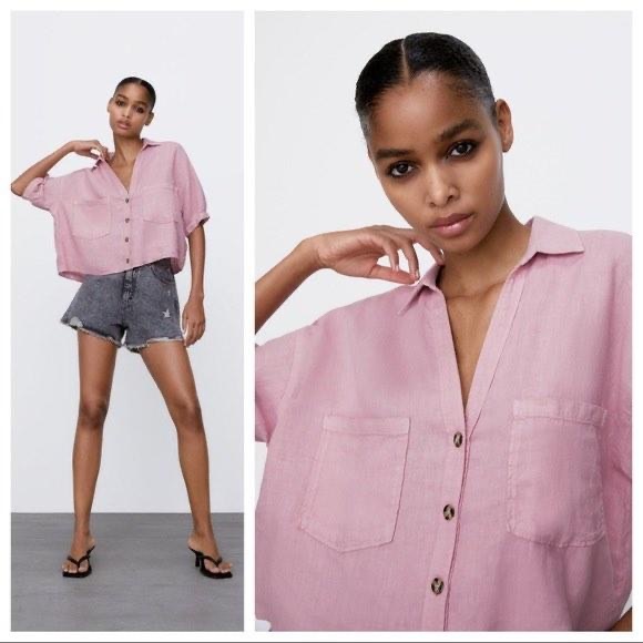 CROPPED LINEN SHIRT BUTTON DOWN - Picture 1 of 5